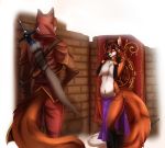  2019 alecrast anthro big_breasts black_fur breasts brown_fur brown_hair canid canine canis chest_tuft clothed clothing collar crown duo ear_piercing faceless_male facial_piercing farah_(ricochetcoyote) female fox fur gloves gloves_(marking) hair hi_res hood inside loincloth male mammal markings melee_weapon mostly_nude navel navel_piercing nose_piercing nose_ring orange_fur piercing sdark391 shackles simple_background skimpy slave socks_(marking) story story_in_description sword tiara topless tuft weapon white_background white_fur wolf 