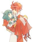  carrying fire_emblem fire_emblem_if hinoka_(fire_emblem_if) japanese_clothes kimono looking_at_another mitama_(fire_emblem_if) multiple_girls princess_carry red_eyes red_hair short_hair shourou_kanna simple_background white_background 
