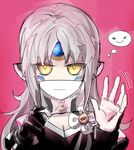  :| closed_mouth code:_nemesis_(elsword) covering_mouth elsword eve_(elsword) expressionless facial_tattoo fingerless_gloves gloves headgear jitome kas2a_rr long_hair looking_at_viewer pink_background simple_background single_glove sketch smile solo tattoo thought_bubble waving white_hair yellow_eyes 