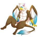  anthro avian balls cum cumshot ejaculation erection gryphon knot male masturbation myloveless nude orgasm sitting smile solo thick_thighs tongue tongue_out 