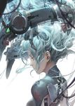  aqua aqua_eyes aqua_hair arms_at_sides baraba_baba blurry breasts cable closed_mouth clothes_writing cyborg depth_of_field eyelashes floating_hair from_side glowing headgear highres light_particles mecha_musume medium_breasts original profile sad science_fiction simple_background solo subdermal_port upper_body white_background 