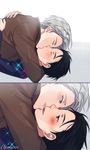  black_hair blush brown_eyes coat couple eye_contact gearous gloves green_eyes hug katsuki_yuuri kiss looking_at_another male_focus multiple_boys silver_hair skate smile viktor_nikiforov yaoi yuri!!!_on_ice 