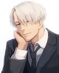  black_neckwear black_suit blue_eyes commentary_request eyes_visible_through_hair formal hair_over_one_eye hand_on_own_cheek long_sleeves looking_at_viewer male_focus necktie one_eye_closed shirt shizuma_yoshinori simple_background smile solo suit viktor_nikiforov white_background white_hair white_shirt yuri!!!_on_ice 