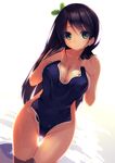  bangs black_hair blush breasts cleavage clothes_in_front covering green_eyes hair_ornament hips large_breasts long_hair looking_at_viewer neko_neko_koneko nude nude_cover one-piece_swimsuit original outdoors school_swimsuit shiny shiny_skin smile solo swimsuit swimsuit_removed thighs wading water wet 