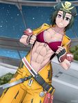  1girl abs bandanna black_hair bra breasts ebr-kii female fingerless_gloves gloves green_hair hair_between_eyes harness heterochromia jumpsuit muscle phantasy_star_online phantasy_star_online_2 short_hair small_breasts solo toned 