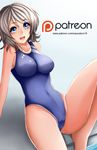  absurdres bare_shoulders blue_eyes blue_swimsuit competition_swimsuit covered_navel grey_hair highres katrina_lynn lips logo looking_at_viewer love_live! love_live!_sunshine!! one-piece_swimsuit open_mouth patreon_logo patreon_username short_hair sitting solo swimsuit watanabe_you watermark web_address 
