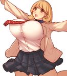 :d bangs beige_jacket black_skirt bouncing_breasts breasts brown_eyes brown_hair hair_ornament hairclip heart heart_hair_ornament huge_breasts jacket jumping light_brown_hair long_sleeves looking_at_viewer md5_mismatch mogu_(kanikama_mgmg) narusawa_ryouka necktie occultic;nine open_clothes open_jacket open_mouth outstretched_arms plaid plaid_skirt pleated_skirt red_neckwear shirt short_hair simple_background skirt smile solo spread_arms striped striped_neckwear thighs white_background white_shirt 