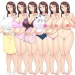  1girl 6girls areolae blush breasts brown_hair copyright_request huge_breasts long_hair looking_at_viewer mature milf nipples panties plump smile solo standing tagme 