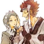  1girl :d ;o asama_(fire_emblem_if) bead_bracelet beads blue_eyes blush bracelet brown_hair closed_eyes couple fire_emblem fire_emblem_if green_hair hairband hand_on_another's_head headband height_difference hetero japanese_clothes jewelry long_sleeves one_eye_closed open_mouth profile round_teeth setsuna_(fire_emblem_if) short_hair shourou_kanna smile tassel teeth upper_body white_hairband 