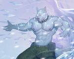  2016 abs anthro biceps canine clothed clothing fur glowing glowing_eyes male mammal muscular muscular_male nipples pecs raccoon21 topless 