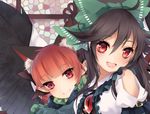  :d animal_ears arm_garter bangs bird_wings black_bow black_hair black_wings blunt_bangs blush bow cat_ears commentary_request dress_shirt extra_ears feathered_wings green_bow hair_between_eyes hair_bow kaenbyou_rin long_hair looking_at_viewer multiple_girls open_mouth pointy_ears puffy_short_sleeves puffy_sleeves red_eyes red_hair reiuji_utsuho shirt short_sleeves shoulder_cutout smile third_eye touhou toutenkou upper_body white_shirt wings 