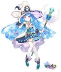  artist_request astral_realm blue_hair boots copyright_name dress full_body gem hair_ornament_removed hat holding jewelry long_hair pleated_skirt purple_eyes short_dress simple_background skirt smile solo staff thighhighs very_long_hair white_legwear witch_hat zettai_ryouiki 