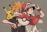  2boys baseball_cap dated gen_1_pokemon hat highres male_focus multiple_boys namigon ookido_green pikachu poke_ball pokemon pokemon_(creature) pokemon_(game) pokemon_sm red_(pokemon) shirt spiked_hair t-shirt twitter_username 