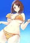  bangs bikini blue_sky blush bob_cut breasts brown_eyes brown_hair clenched_teeth commentary cowboy_shot eyebrows_visible_through_hair frilled_bikini frills from_below hair_ornament hairclip halter_top halterneck large_breasts looking_at_viewer navel parted_lips reco_love shimotsuki_eight short_hair sky solo sorimachi_riko stomach string_bikini striped striped_bikini swept_bangs swimsuit teeth underboob untied untied_bikini wardrobe_malfunction water water_drop 