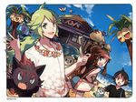  2boys adapted_costume alolan_exeggutor alolan_form bag beach black_vest blue_shorts blue_sky cloud day denim denim_shorts floral_print flower flower_necklace gen_5_pokemon gen_7_pokemon handbag hawaiian_shirt high_ponytail highres holding holding_eyewear jewelry kaemonn lei litten multiple_boys n_(pokemon) necklace ocean oshawott outdoors pikipek pokemon pokemon_(creature) pokemon_(game) pokemon_bw pokemon_sm rowlet sand shirt shorts sky sunglasses t-shirt touko_(pokemon) touya_(pokemon) vest visor_cap water zorua 