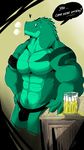  &lt;3 2016 abs alcohol aliensymbol alligator anthro beer beverage biceps big_muscles clothed clothing crocodilian dog_tags english_text green_body green_scales jewelry male muscular muscular_male necklace paul_webster pecs reptile scales scalie simple_background smile solo standing text thong topless underwear 