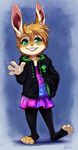  2016 anthro brown_fur claws clothed clothing cute ears_up female fully_clothed fur green_eyes hair hoodie lagomorph legwear looking_at_viewer mammal paws rabbit short_hair skeleion skirt smile solo stockings tan_fur 