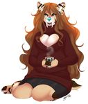  anthro beverage breasts clothed clothing coffee fangs feline female fur hair keyhole_turtleneck kneeling looking_at_viewer mammal myloveless slightly_chubby smile solo sweater teeth 