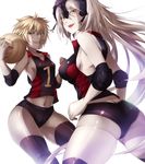  ass ball blonde_hair buruma crossover drifters dual_persona elbow_pads fate/grand_order fate_(series) grin highres jeanne_d'arc_(alter)_(fate) jeanne_d'arc_(drifters) jeanne_d'arc_(fate)_(all) long_hair looking_at_viewer mia_(gute-nacht-07) multiple_girls namesake navel short_hair smile sports_bikini sportswear thighhighs volleyball volleyball_uniform yellow_eyes 
