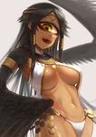  armlet black_hair breasts circlet cowboy_shot cyclops dancer dark_skin eyeshadow feathered_wings feathers gino gold grey_background hair_tubes harpy highres long_hair looking_at_viewer makeup medium_breasts monster_girl navel one-eyed open_mouth original sharp_teeth smile solo teeth wings yellow_eyes 