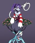  1girl bare_shoulders blue_skin detached_collar detached_sleeves dress female flower hair_over_one_eye leviathan_(skullgirls) monster_girl red_eyes side_ponytail skullgirls squigly_(skullgirls) stitched_mouth stitches striped striped_legwear striped_sleeves zombie 