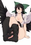  ^_^ areola_slip areolae arm_support asymmetrical_clothes bird_wings black_gloves black_hair black_legwear black_wings bow breasts cape cleavage closed_eyes collared_shirt covered_nipples feathered_wings feet gloves grin hair_between_eyes hair_bow hand_on_own_thigh highres knees_together_feet_apart knees_up large_breasts nicutoka open_clothes open_shirt reiuji_utsuho shirt simple_background single_glove single_sock single_thighhigh sitting skindentation smile socks solo thighhighs touhou white_background wings 