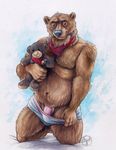  anthro balls bear briefs clothed clothing hi_res kneeling looking_at_viewer male male/male mammal navel neckerchief neverwolf pecs pencil_(artwork) penis penis_base pinup pose signature smile solo teddy_bear topless traditional_media_(artwork) underwear underwear_pull 