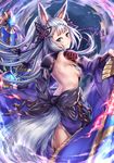  animal_ears ass back backless_outfit black_bow blue_eyes blush bow breasts closed_mouth detached_sleeves erune eyebrows eyebrows_visible_through_hair fox_ears fox_tail from_side granblue_fantasy hair_ornament head_tilt ks long_hair medium_breasts sideboob silver_hair smile socie_(granblue_fantasy) solo standing tail very_long_hair 