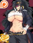  abs agawa_ryou artist_name banchou bandages black_hair breasts budget_sarashi cleavage cowboy_shot daidouji_(senran_kagura) glowing glowing_eye hand_on_hip hat huge_breasts long_hair looking_at_viewer mole mole_under_eye muscle muscular_female navel open_clothes open_mouth parted_lips patreon_logo red_eyes sarashi school_uniform senran_kagura senran_kagura_shoujo-tachi_no_shin'ei solo stomach underboob very_long_hair watermark 