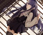  black_hair black_legwear closed_eyes dress dutch_angle hime_cut inu_x_boku_ss long_hair mirysa_rh school_uniform shirakiin_ririchiyo solo thighhighs zettai_ryouiki 