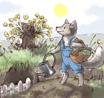  age_difference ambiguous_gender anthro arctic_fox barefoot basket canine clothing cub digitigrade eye_contact flower fox gardening iguanamouth mammal nude outside overalls plant size_difference smile standing whiskers young 