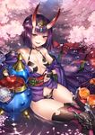  alcohol bare_shoulders blush bob_cut breasts cherry_blossoms collarbone cup eyebrows eyebrows_visible_through_hair eyeliner fangs fate/grand_order fate_(series) flower food fruit gem grapes grin headpiece highres holding horns japanese_clothes kimono knee_pads ks looking_at_viewer makeup obi off_shoulder oni oni_horns parted_lips peach petals plate purple_eyes purple_hair revealing_clothes sakazuki sake sash shide short_hair shuten_douji_(fate/grand_order) sitting small_breasts smile solo spilling thighhighs water 