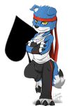  ace_the_gaomon anthro anthrofied bulge canine clothing digimon dog fingerless_gloves gaomon gloves headband heibanhikaru looking_at_viewer male mammal on_one_leg shirt signature smile solo standing sweatpants tank_top 