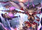  armor axe breasts brown_hair cape draph fangs gauntlets granblue_fantasy hair_between_eyes holding holding_axe horns ks large_breasts long_hair looking_at_viewer open_mouth outstretched_arm red_eyes red_skirt skirt smile solo sparkle standing thalatha_(granblue_fantasy) weapon 
