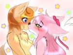  2016 anthro blue_eyes blush breasts canine eyebrows eyelashes female female/female fox fur green_eyes hair hi_res kemono mammal milkteafox multicolored_fur ruby_fox simple_background white_fur 