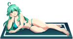  ahoge arm_support artist_request barefoot bikini breasts feet green green_bikini green_eyes green_hair green_nails large_breasts long_hair looking_at_viewer lying nail_polish navel non-web_source on_side parted_lips rule_34-tan smile solo swimsuit toenail_polish 