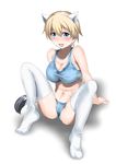  animal_ears blonde_hair blue_bra blue_eyes blue_panties blush bra brave_witches breasts covered_nipples large_breasts navel nikka_edvardine_katajainen panties smile solo sports_bra steed_(steed_enterprise) sweat tail thighhighs underwear weasel_ears weasel_tail world_witches_series 