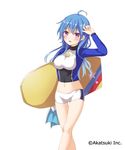  absurdres ahoge blue_hair cinderella_nine gomano_rio highres long_hair looking_at_viewer midriff navel purple_eyes rash_guard short_shorts shorts simple_background solo white_background white_shorts 