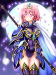  armor bikini_armor blush breasts commentary_request covered_navel crown highres knight lance large_breasts leotard looking_at_viewer pink_eyes pink_hair polearm saigyouji_yuyuko short_hair smile solo thigh_gap tiara toraoto touhou weapon 