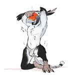  athletic avian bird black_fur clothed clothing eyes_closed fur guild_wars invalid_background kneeling male pose quiver_silvertongue secretary_bird solo sparkling stretching tamyra tengu topless underwear video_games white_fur 