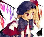  :d alternate_color blonde_hair crystal daimaou_ruaeru fang flandre_scarlet hat long_hair mob_cap open_mouth red_eyes side_ponytail smile solo touhou white_background wings 