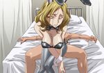  1girl bare_shoulders bed blonde_hair blue_eyes bowtie breasts bunny_ears bunny_girl bunnysuit cleavage clothed_female_nude_male code_geass fake_animal_ears highres indoors kyabakurabakufu large_breasts legs long_hair looking_back lying milly_ashford on_back pantyhose parted_lips pillow sex sitting sitting_on_person solo_focus thighs vaginal 