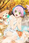  :d accessory animal apron autumn bucket female green_eyes hair_ribbons happy headband hot_springs kanonno_earhart leaves official_art pink_hair ribbons soap solo sponge tales_of_(series) tales_of_link tales_of_the_world_radiant_mythology_2 towel trees washing 
