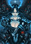  black_bodysuit black_hair blue_eyes bodysuit breasts cleavage closed_mouth collarbone covered_navel cowboy_shot cyborg eyelashes eyeliner hands_up highres jun_sung_kwak large_breasts long_hair looking_at_viewer makeup mechanical_arm nose original pink_lips robot serious shoulder_pads solo 