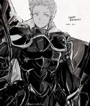  2016 armor artist_name dated fire_emblem fire_emblem_if greyscale happy_birthday male_focus monochrome silas_(fire_emblem_if) simple_background sketch smile solo torisudesu 