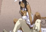  1girl alex_benedetto bare_legs bare_shoulders bed black_hair blue_eyes bowtie breasts bunny_ears bunny_girl bunnysuit clothed_female_nude_male dark_skin earrings fake_animal_ears feet gangsta girl_on_top highres interracial kyabakurabakufu large_breasts legs long_hair looking_back lying parted_lips sex sitting sitting_on_person solo_focus sweat thighs toes vaginal wrist_cuffs 