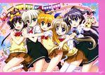  :d absurdres antenna_hair arm_up asteion black_hair black_skirt blonde_hair blue_eyes blue_ribbon bow bowtie brown_skirt corona_timir einhart_stratos eyebrows eyebrows_visible_through_hair fang fujima_takuya girl_sandwich green_eyes hair_between_eyes hair_ribbon heterochromia highres leg_up light_brown_hair long_hair looking_at_viewer lyrical_nanoha mahou_shoujo_lyrical_nanoha mahou_shoujo_lyrical_nanoha_vivid multiple_girls open_mouth pleated_skirt purple_eyes red_bow red_eyes ribbon rio_wezley sacred_heart sandwiched scan school_uniform shirt skirt smile st._hilde_academy_of_magic_uniform thighhighs vivio white_legwear white_ribbon white_shirt yellow_ribbon yumina_enclave zettai_ryouiki 