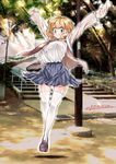  1girl arms_up blonde_hair bouncing_breasts breasts brown_eyes female hair_ornament hairclip highres huge_breasts jacket jumping miniskirt narusawa_ryouka necktie occultic;nine outdoors park school_uniform shirt shoes short_hair skirt smile solo thighhighs white_legwear white_shirt 