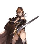  apollonia_vaar armor black_armor blue_eyes brown_hair cape gauntlets granblue_fantasy holding holding_weapon leotard minaba_hideo official_art open_mouth short_hair solo sword thighhighs torn_clothes transparent_background weapon 