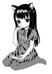  ama-tou animal_ears blush cat_ears commentary controller eyelashes fingernails frills game_controller greyscale hand_on_own_face high_score_girl jpeg_artifacts kemonomimi_mode long_hair looking_to_the_side monochrome neck_ribbon no_shoes oono_akira pantyhose playing_games puffy_short_sleeves puffy_sleeves ribbon seiza shiny shiny_hair short_sleeves simple_background sitting solo tsurime white_background 